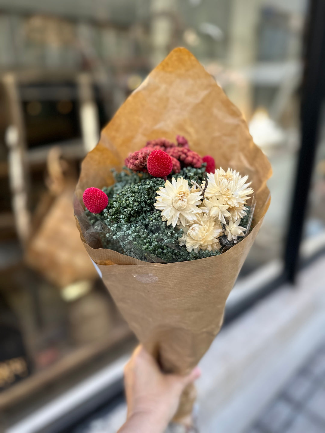 Autumn red dried flowers bouquet